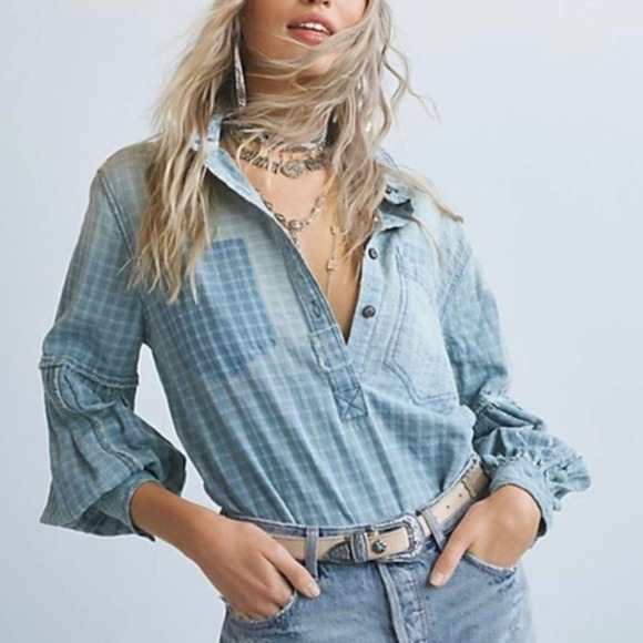 Free People Tops - Free People We The Free Glacier Bay Plaid Button Down Top Size XS NEW